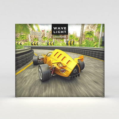 Backlit trade show display featuring racing car graphic and Wave Light branding for exhibitions