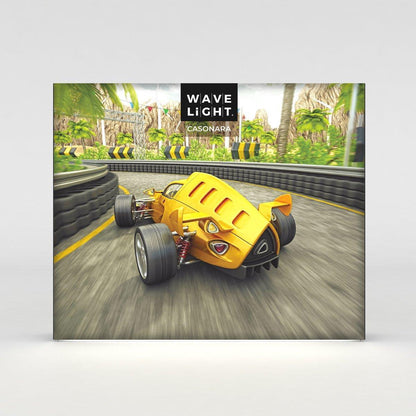 Backlit trade show display featuring racing car graphic and Wave Light branding for exhibitions