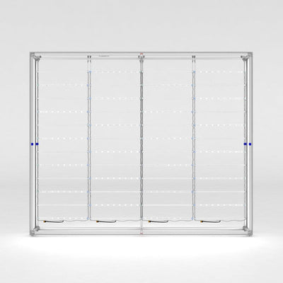 Large modular trade show backlit display frame with integrated lighting for exhibitions and events