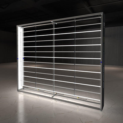 Large backlit display frame with horizontal light bars for trade shows and special events