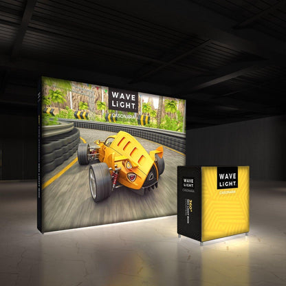 Backlit 10ft trade show display featuring a race car graphic with a matching illuminated counter for exhibitions