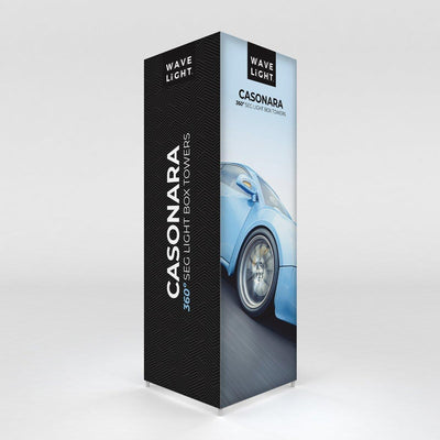 Illuminated Casonara 360° SEG light box tower displaying car image for trade shows and exhibitions