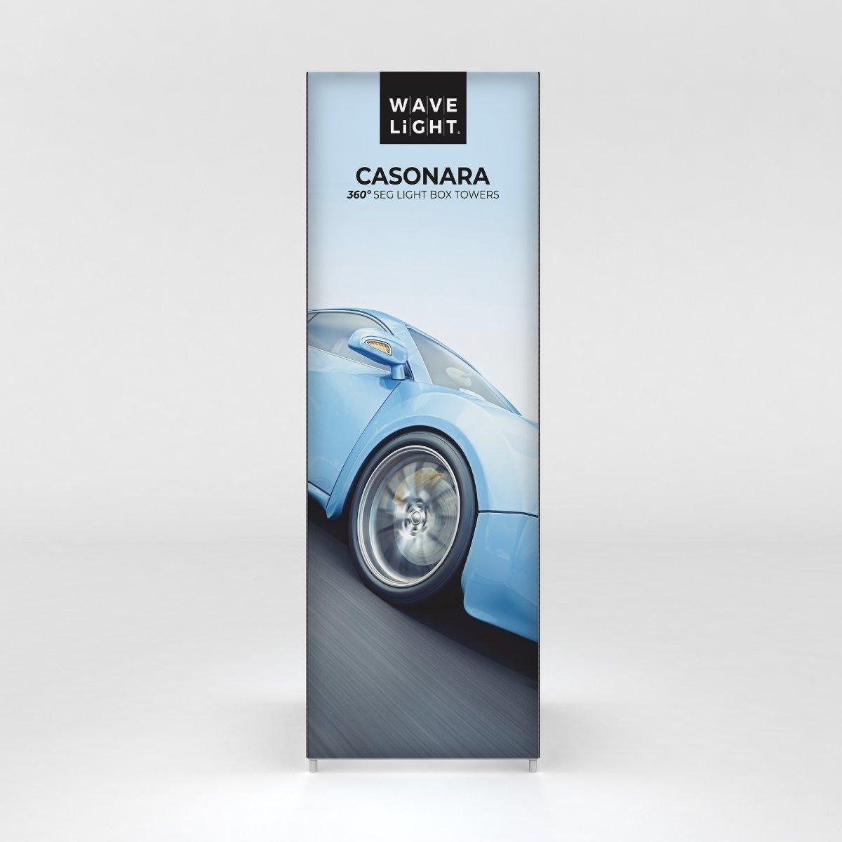 Tall segmented light box tower featuring car image and branding for trade shows and exhibitions