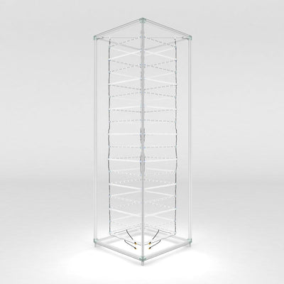 Backlit tower display structure for trade shows and exhibitions with illuminated frame and suspending elements