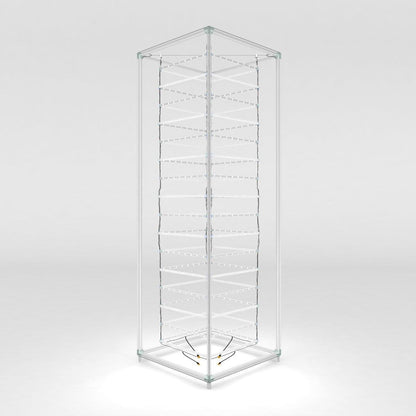 Backlit tower display structure for trade shows and exhibitions with illuminated frame and suspending elements