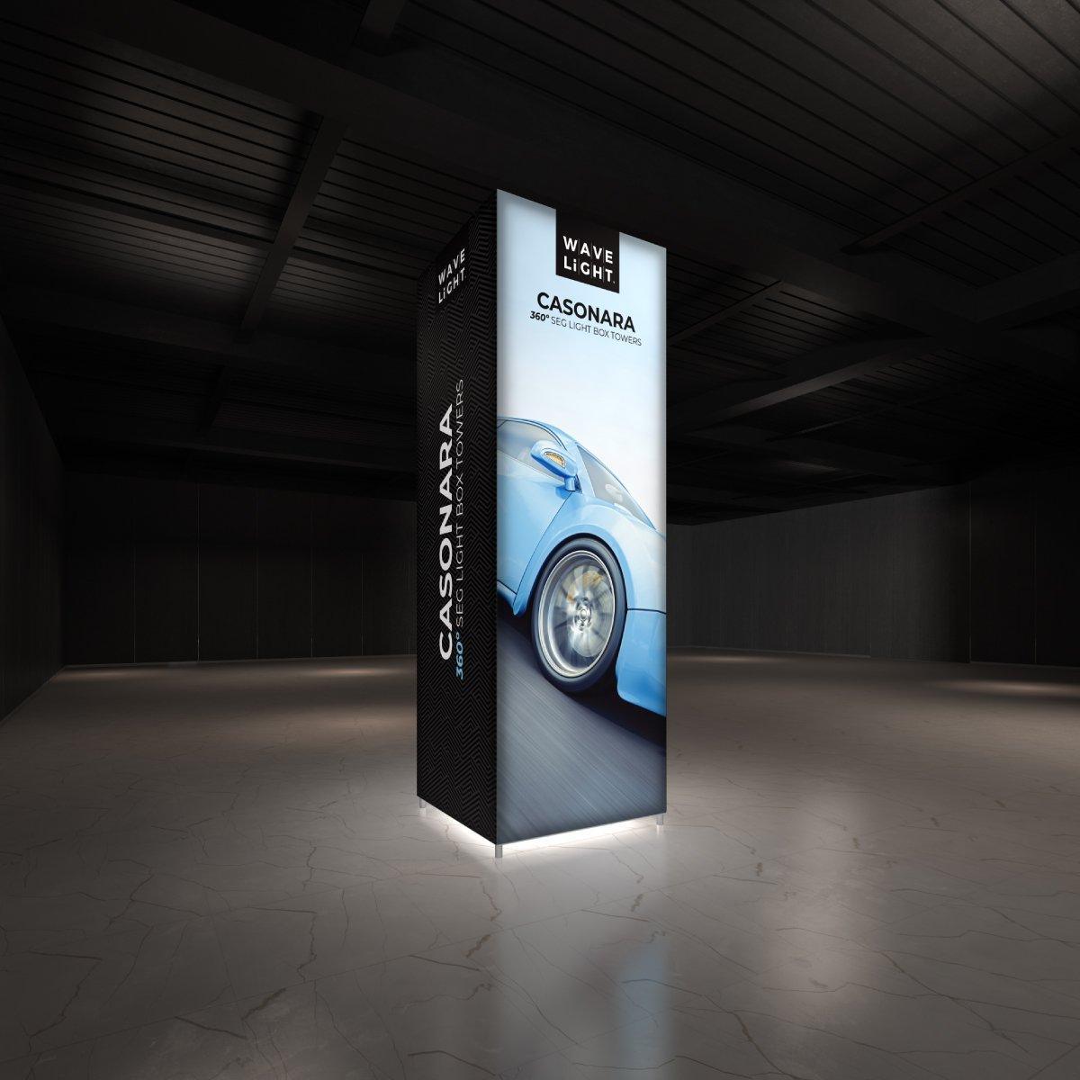 Tall illuminated SEG light box tower with car graphic for trade shows and exhibitions
