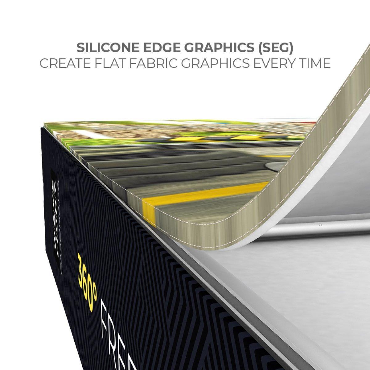 Trade show display featuring silicone edge graphics technology for flat fabric graphics at exhibitions