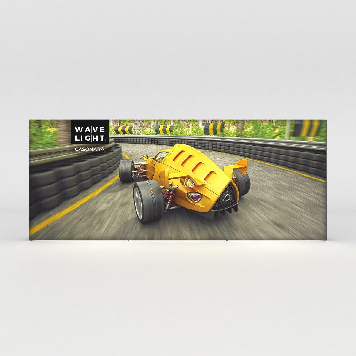 Large backlit trade show display featuring a race car on a curving track for exhibition use