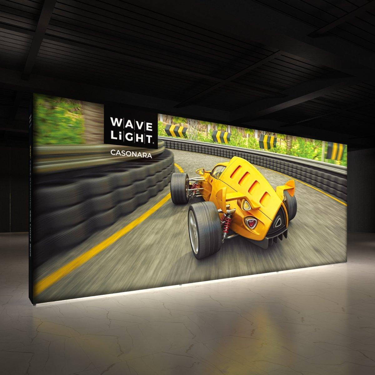 Backlit trade show display featuring a racing car graphic for exhibitions and special events