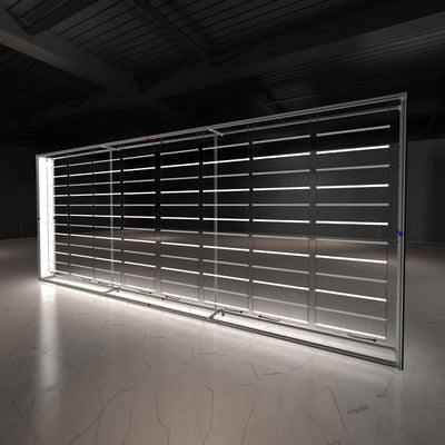 Large backlit display panel with transparent slats, ideal for trade shows and exhibitions