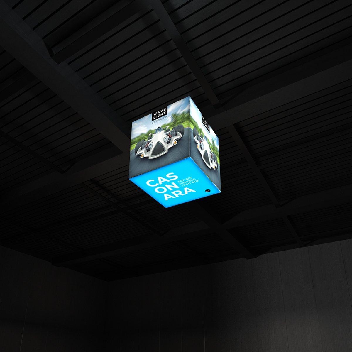Hanging illuminated cube lightbox with car graphic, ideal for trade shows and exhibitions
