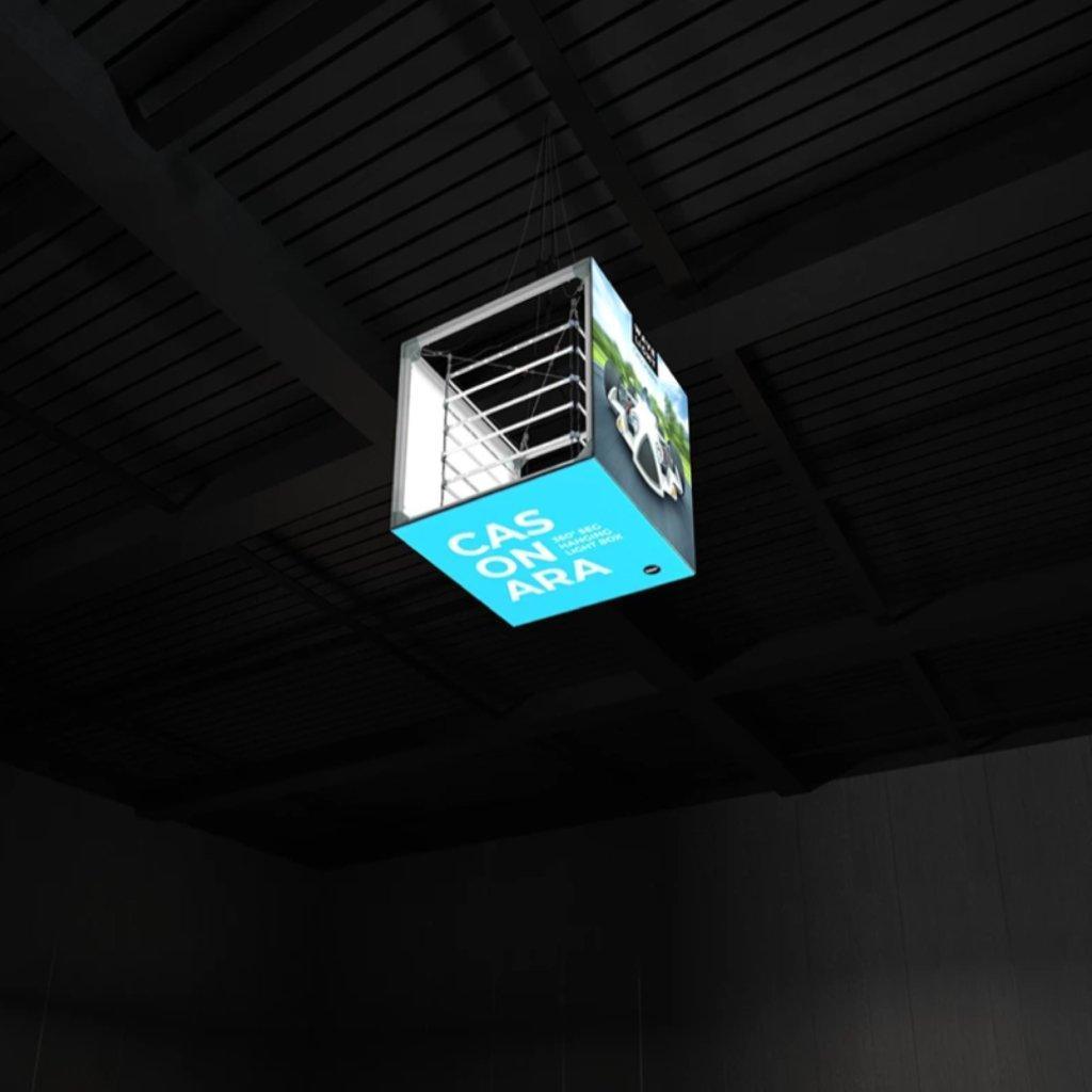 Hanging lightbox display suspended from ceiling, designed for trade shows and exhibitions