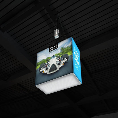 Hanging illuminated lightbox display with car graphic for trade shows and exhibitions
