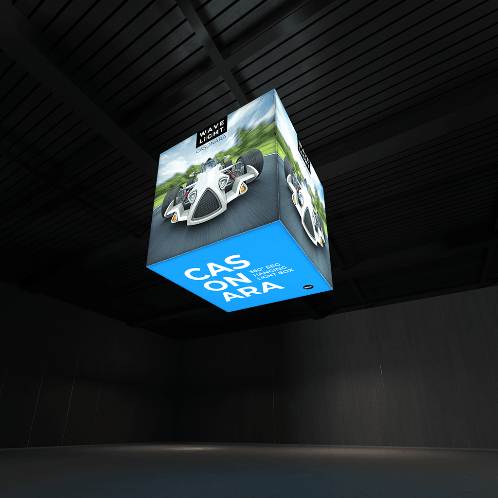 Hanging illuminated 360-degree light box with racing car graphic for trade shows and exhibitions