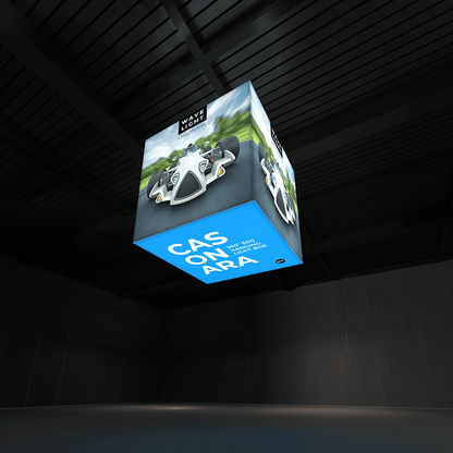 Hanging illuminated 360-degree light box with racing car graphic for trade shows and exhibitions