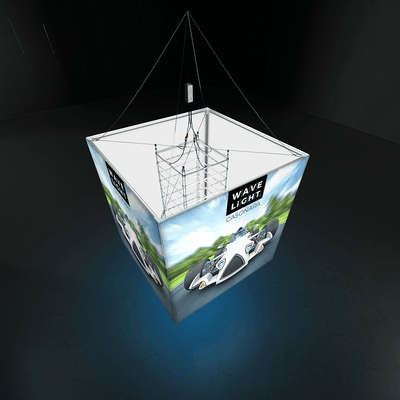 Suspended illuminated hanging lightbox with car graphics for trade shows and exhibitions