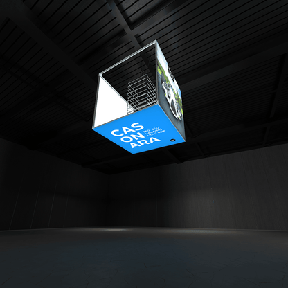 Suspended illuminated hanging lightbox for trade shows and exhibitions in a dark event space