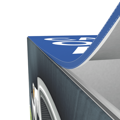 Close-up of high-quality fabric graphic on a trade show hanging lightbox frame for exhibitions