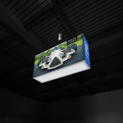 Hanging lightbox display showcasing a race car graphic for trade shows and exhibitions