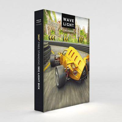 Free standing 6ft SEG light box display with vivid racing car graphic for trade shows and exhibitions