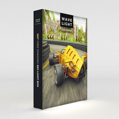Free standing 6ft SEG light box display with vivid racing car graphic for trade shows and exhibitions