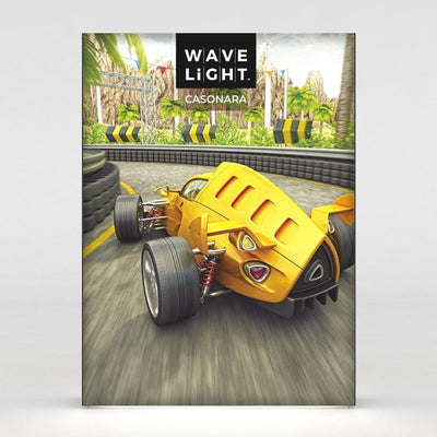 Backlit display featuring racing car graphic for trade shows, exhibitions, and special events branding