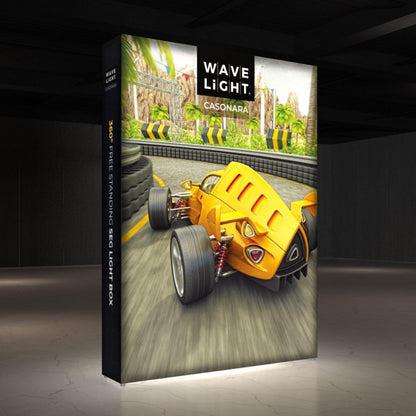 Backlit free standing display with dynamic racing car graphic for trade shows and exhibitions