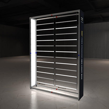Backlit freestanding light box display with horizontal bars for trade shows and exhibitions