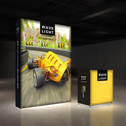 Backlit display and counter showcasing race car graphics for trade shows, exhibitions, and events