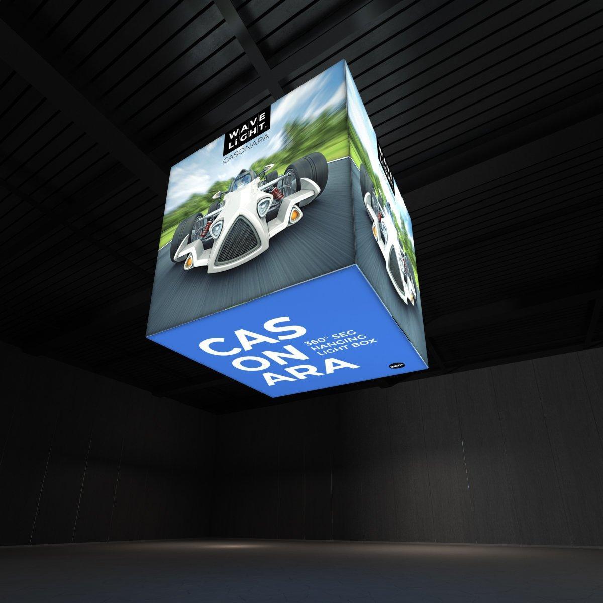360-degree hanging light box featuring dynamic racing car graphics for trade shows and exhibitions