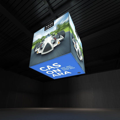360-degree hanging light box featuring dynamic racing car graphics for trade shows and exhibitions