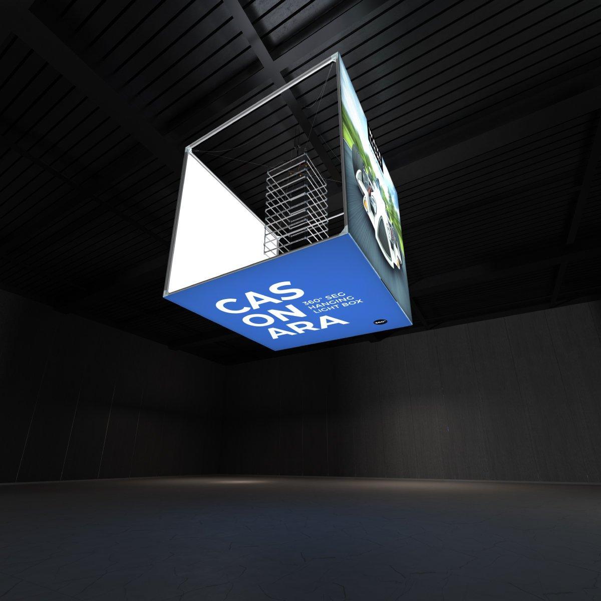 Hanging illuminated cube lightbox suspended in a dark exhibition space for trade shows and events