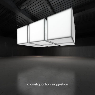 Hanging lightbox cube display setup for trade shows and exhibitions in an empty event space