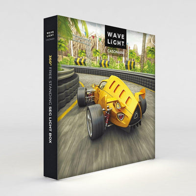 Backlit trade show display featuring dynamic racing car graphic for exhibitions and events