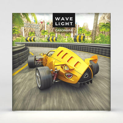 Backlit trade show display featuring a racing car on a curving track with palm trees and flags