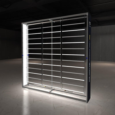 Backlit tradeshow display frame with horizontal light bars, ideal for exhibitions and special events