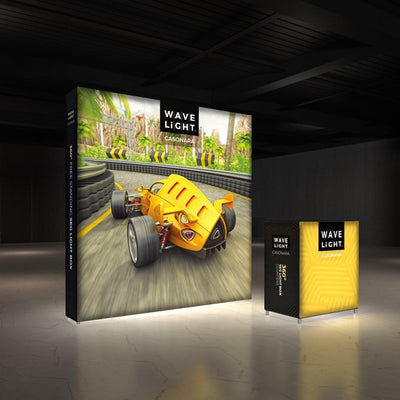 Backlit trade show display featuring race car graphic and matching illuminated counter for exhibitions