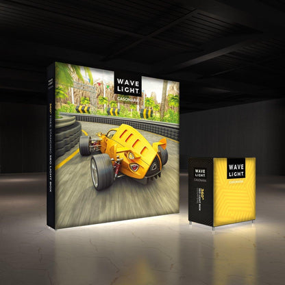Backlit trade show display featuring race car graphic and matching illuminated counter for exhibitions