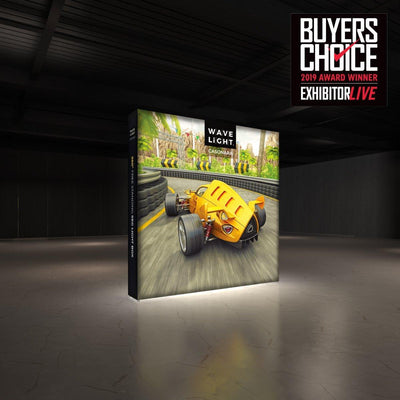 Backlit freestanding display with racing car graphic, ideal for trade shows and exhibitions