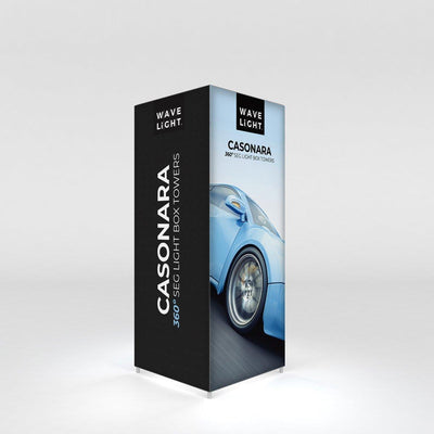 Backlit 360-degree SEG light box tower for trade shows and exhibitions featuring car graphic