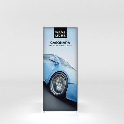 Backlit light box tower displaying car image for trade show display and exhibition signage