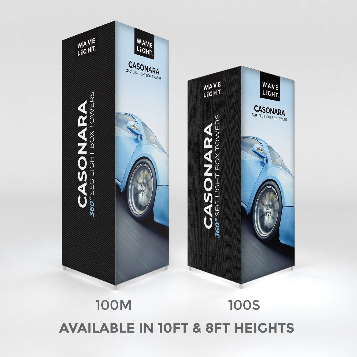 Two Casonara 360° segmented light box towers for trade shows and exhibitions, available in 8ft and 10ft heights