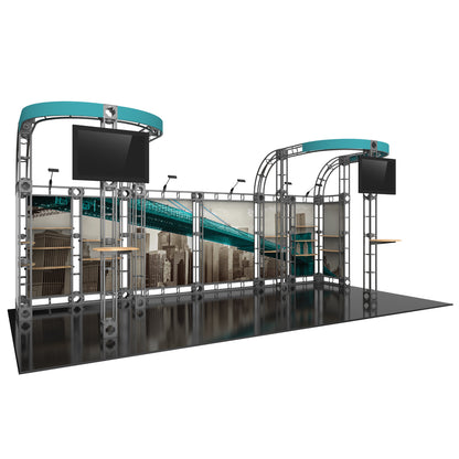 Modular truss display with large graphics and monitors for trade shows and exhibitions