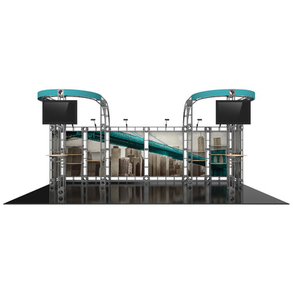 Modular trade show exhibit with curved truss frames, overhead lighting, TV screens, and cityscape graphics