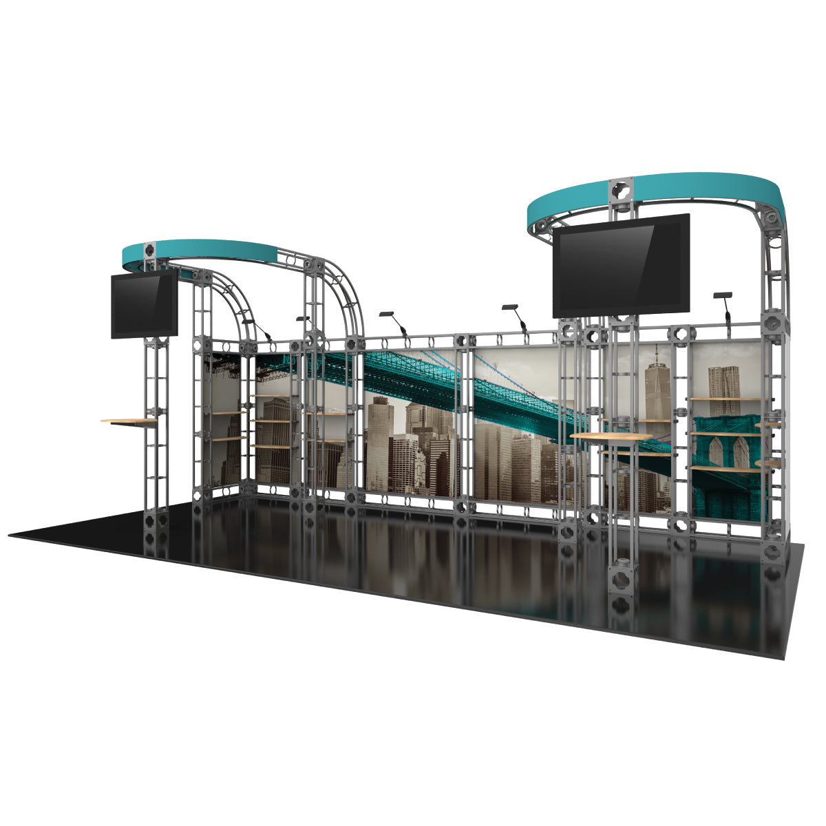 Modular trade show display booth with curved truss framework, large screens, and cityscape graphics