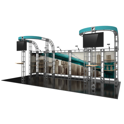 Modular trade show display booth with curved truss framework, large screens, and cityscape graphics