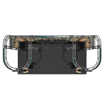 Modular truss display booth with curved frames and overhead lighting for trade shows and exhibitions