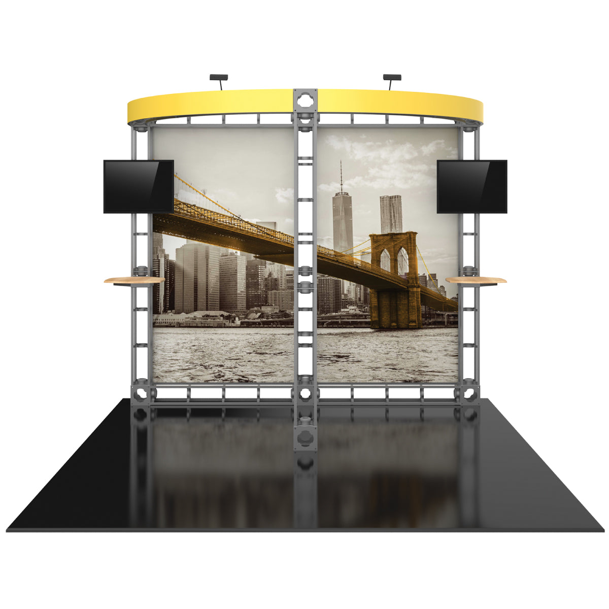Modular trade show display with printed bridge graphic, mounted monitors, and shelves for exhibitions