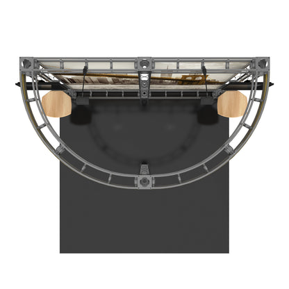 Trade show curved truss display with wooden counters and hanging lights for exhibitions and events