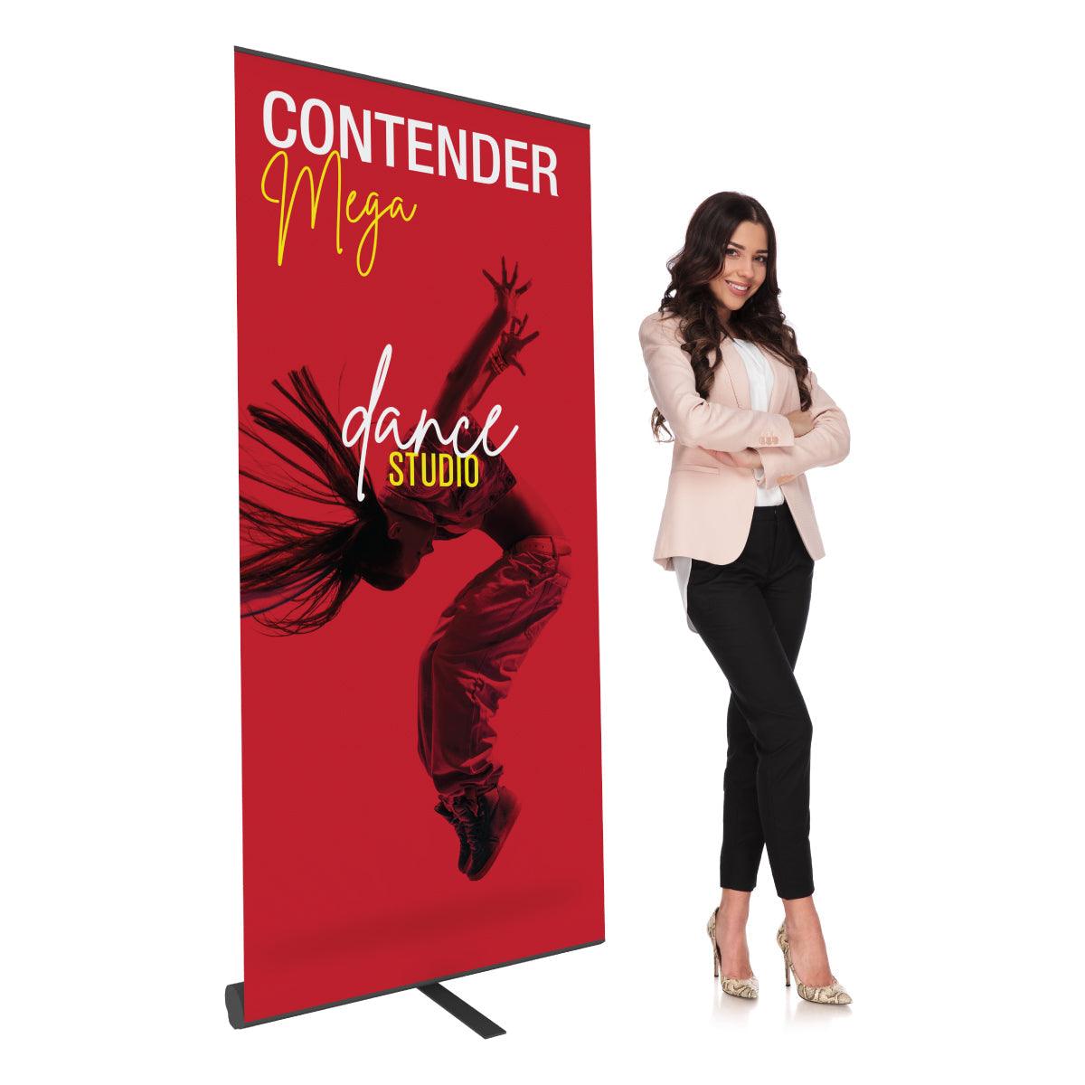 Retractable banner stand display for trade shows and exhibitions featuring dancer photo and branding